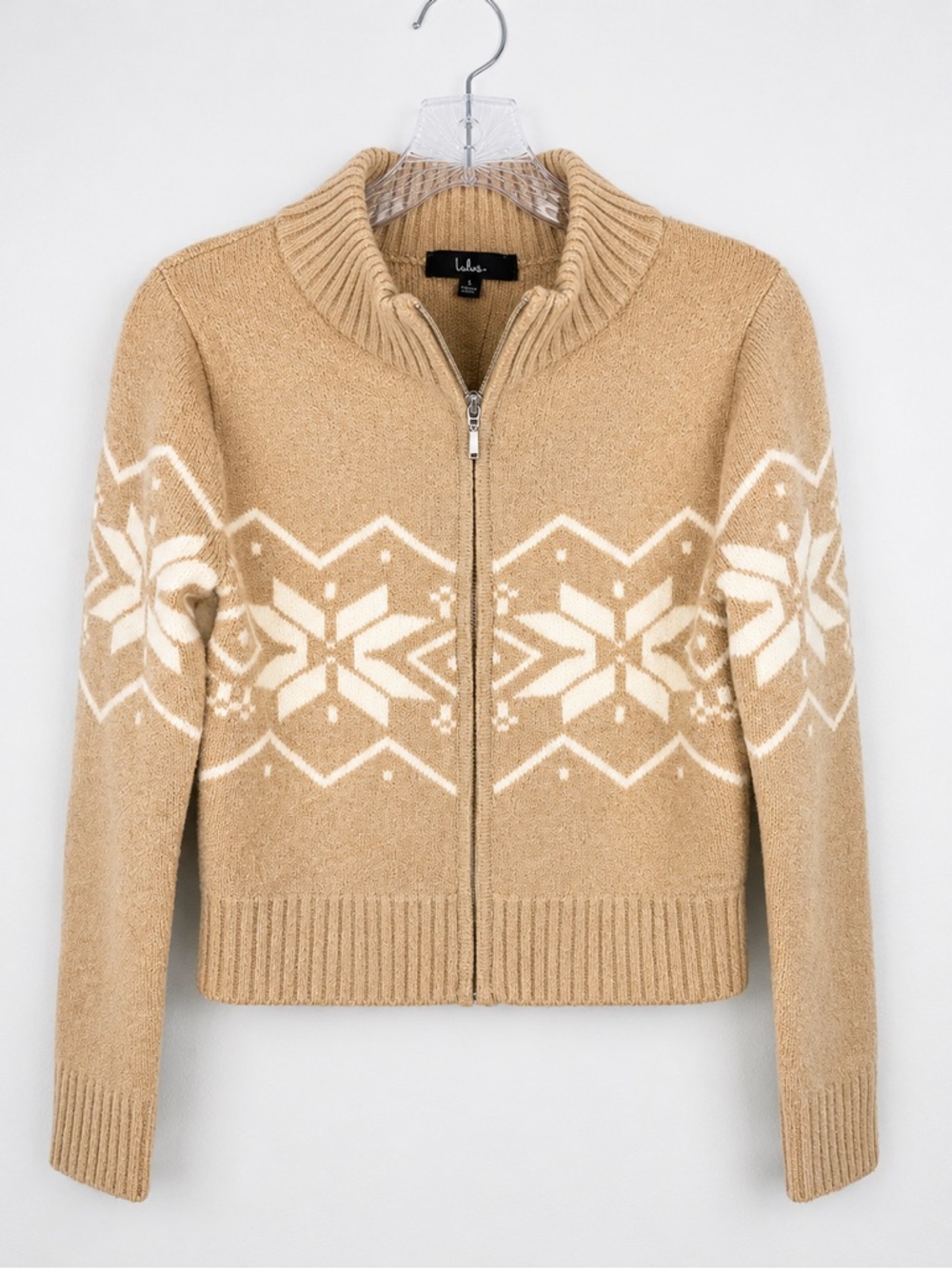 Lulus Nordic Fair Isle Zip Up Sweater Cropped Beige Mock Neck Size L